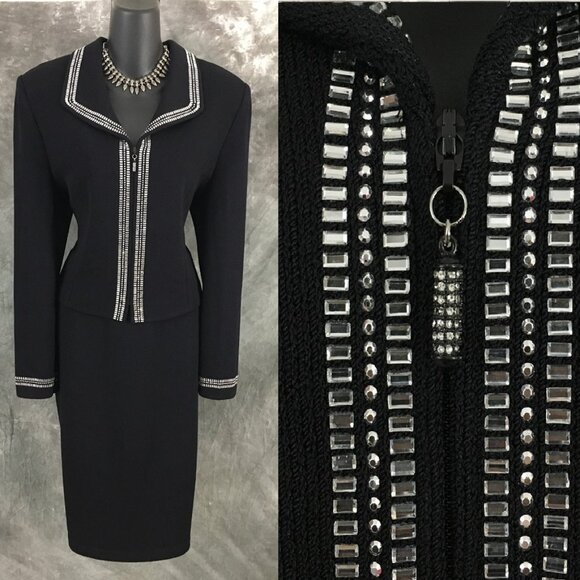 BEAUTIFUL St John evening black rhinestones embellished skirt suit size 8 10